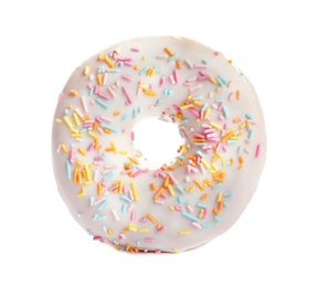 Delicious glazed doughnut with sprinkles on white background