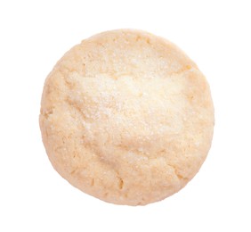 Photo of One tasty sugar cookie isolated on white, top view