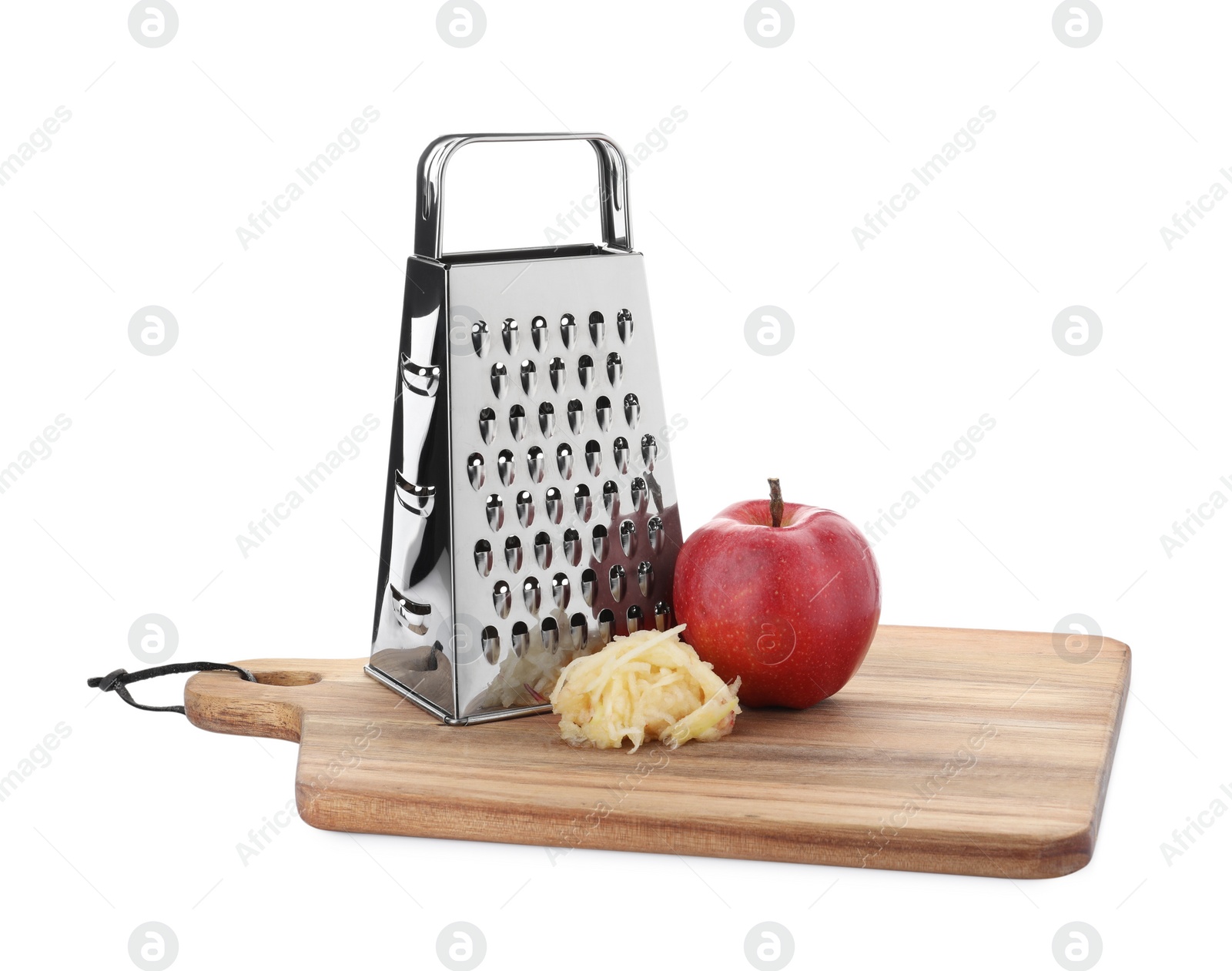 Photo of Stainless steel grater and fresh apple on white background