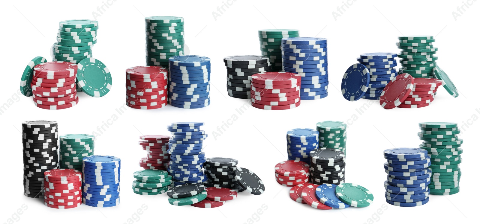 Image of Set with stacks of different casino chips on white background, banner design. Poker game