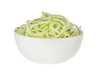 Delicious fresh zucchini pasta on white background