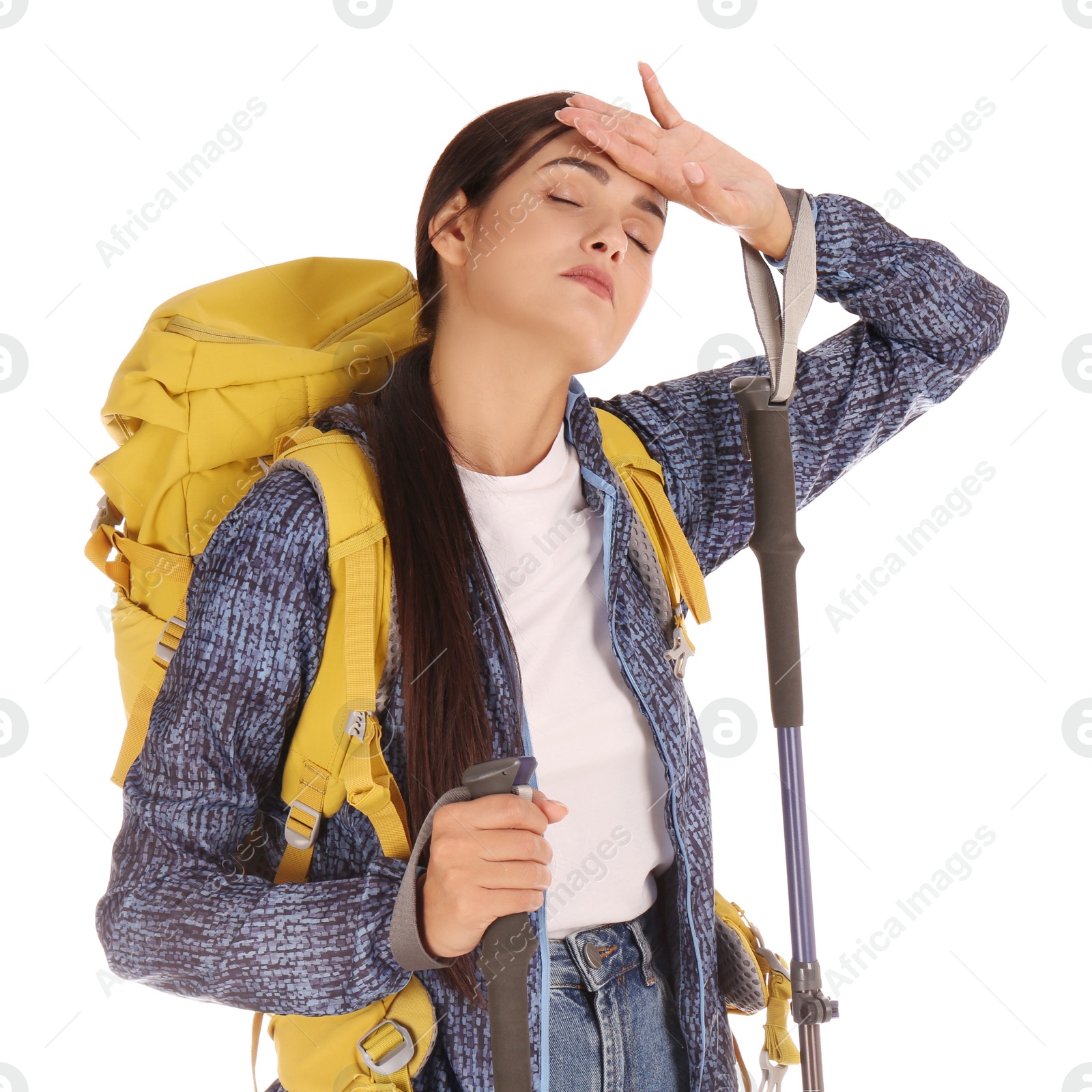 Photo of Female hiker with backpack and trekking poles on white background