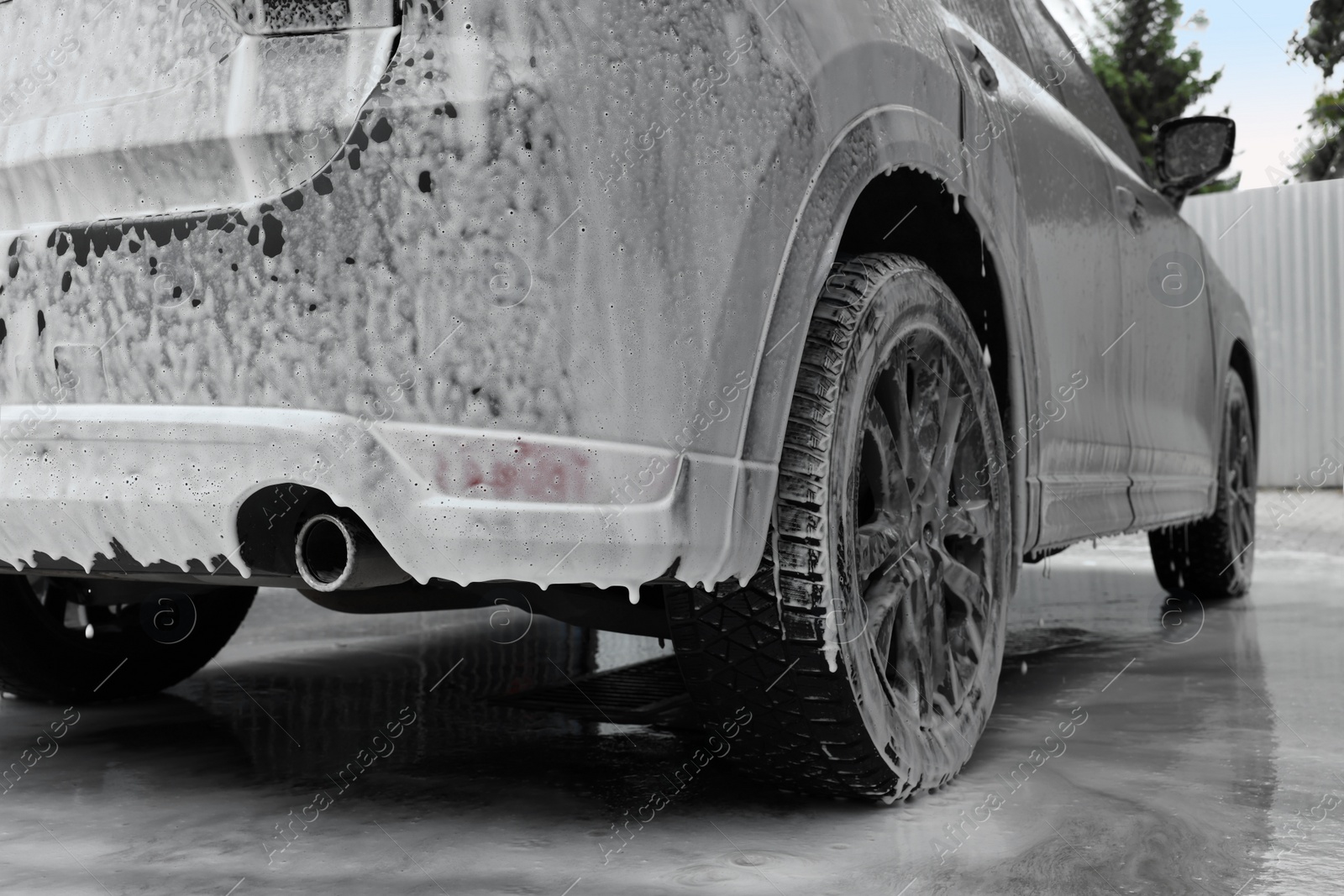 Photo of Auto with cleaning foam at car wash, closeup