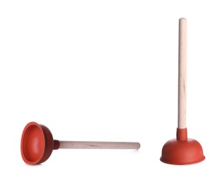 Image of Plungers with wooden handles on white background, collage