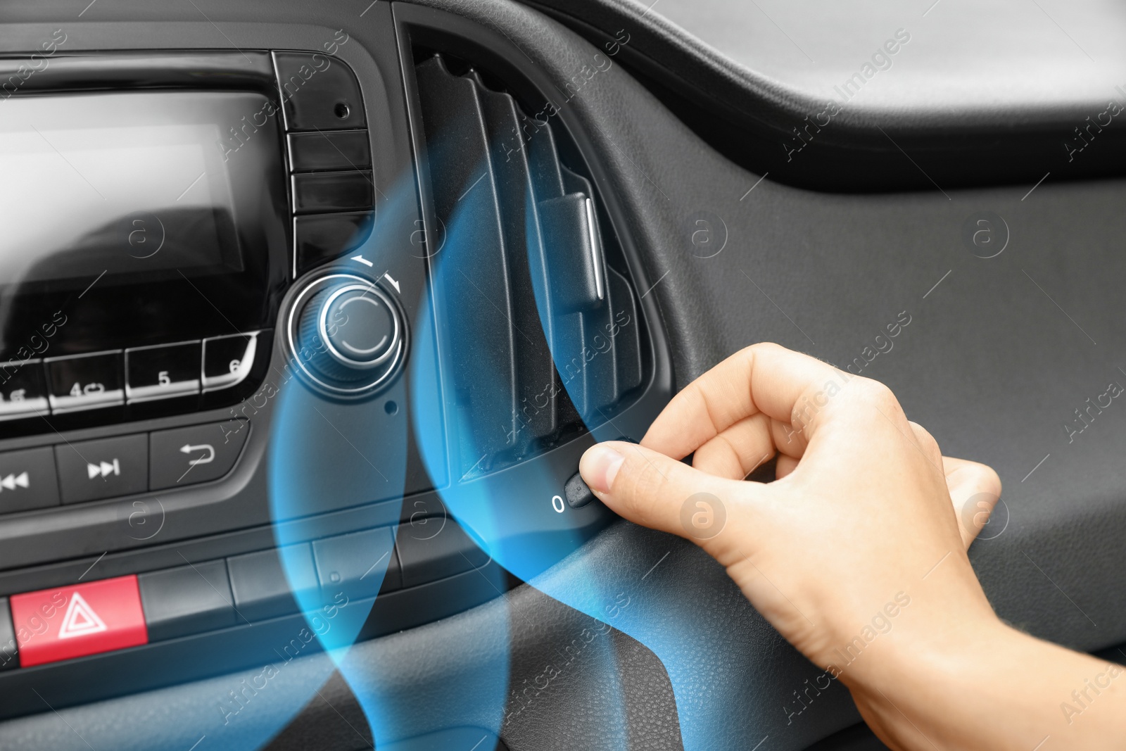 Image of Woman turn on conditioner in car and illustration of cool air flow, closeup