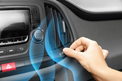 Image of Woman turn on conditioner in car and illustration of cool air flow, closeup