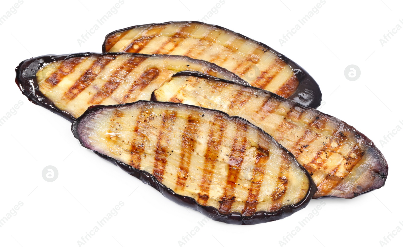 Photo of Slices of tasty grilled eggplant isolated on white