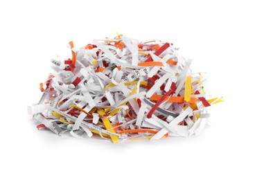 Photo of Many shredded colorful paper strips on white background