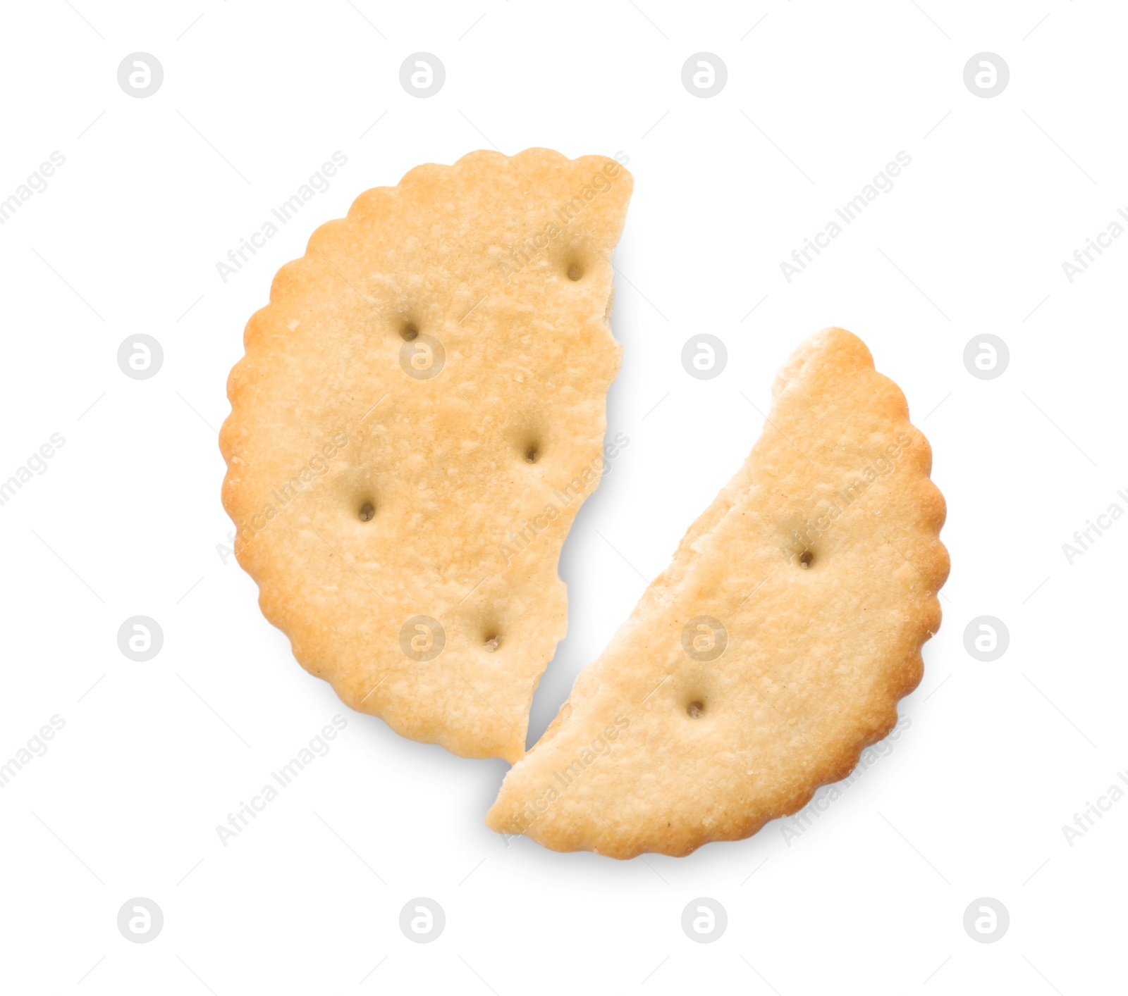 Photo of Broken delicious crispy cracker isolated on white, top view