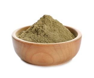 Photo of Bowl with hemp protein powder on white background