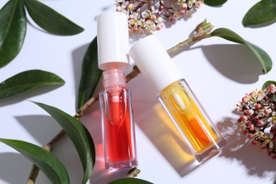 Photo of Bright lip glosses, branch, green leaves and flowers on white background, above view