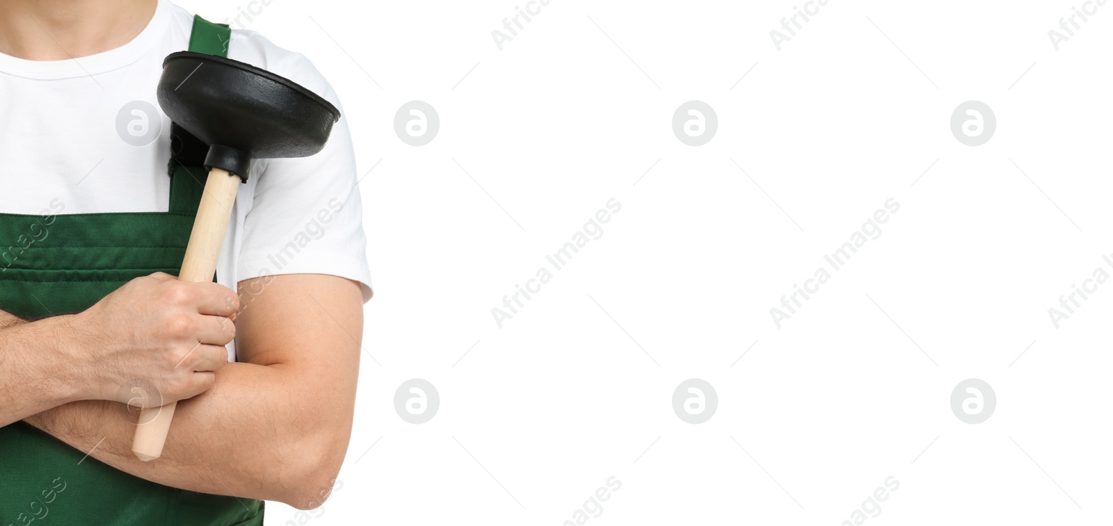 Image of Closeup view of young plumber with force cup on white background. Banner design