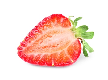 Photo of Half of delicious red strawberry isolated on white