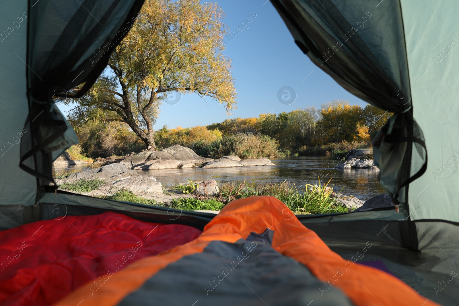 Photo of Camping tent with sleeping bags in wilderness, view from inside