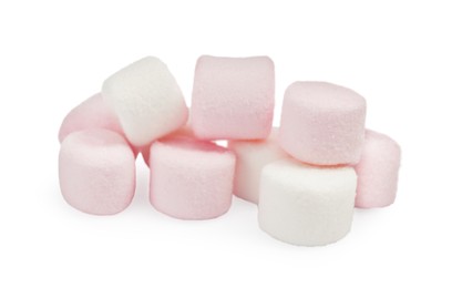 Photo of Pile of delicious sweet marshmallows on white background