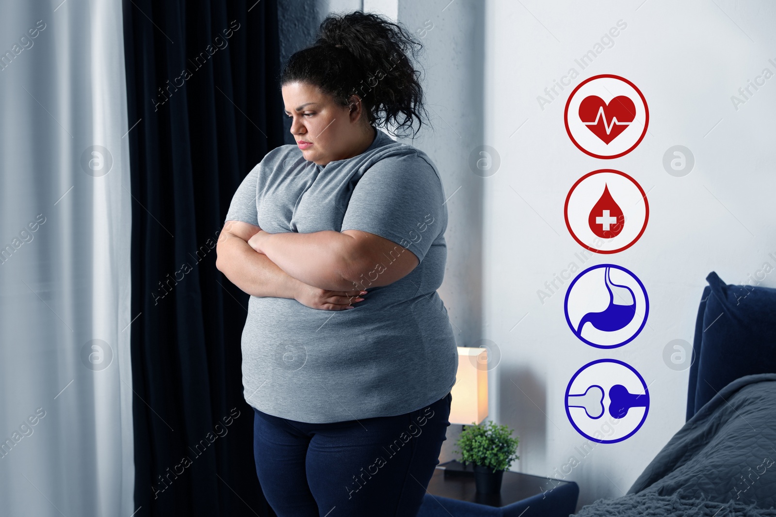 Image of Virtual icons demonstrating different health problems and overweight woman at home