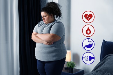 Image of Virtual icons demonstrating different health problems and overweight woman at home