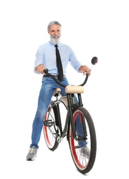 Photo of Portrait of handsome mature man with bicycle on white background