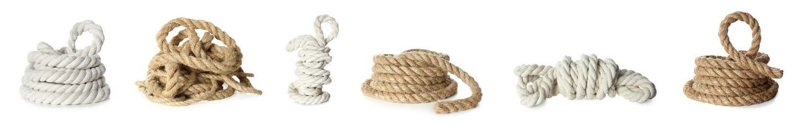 Set with bundles of different ropes on white background