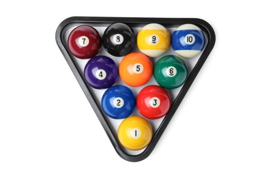 Plastic rack with billiard balls on white background, top view