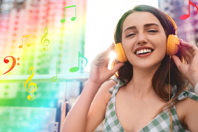 Image of Beautiful young woman listening to music with headphones outdoors. Bright notes illustration