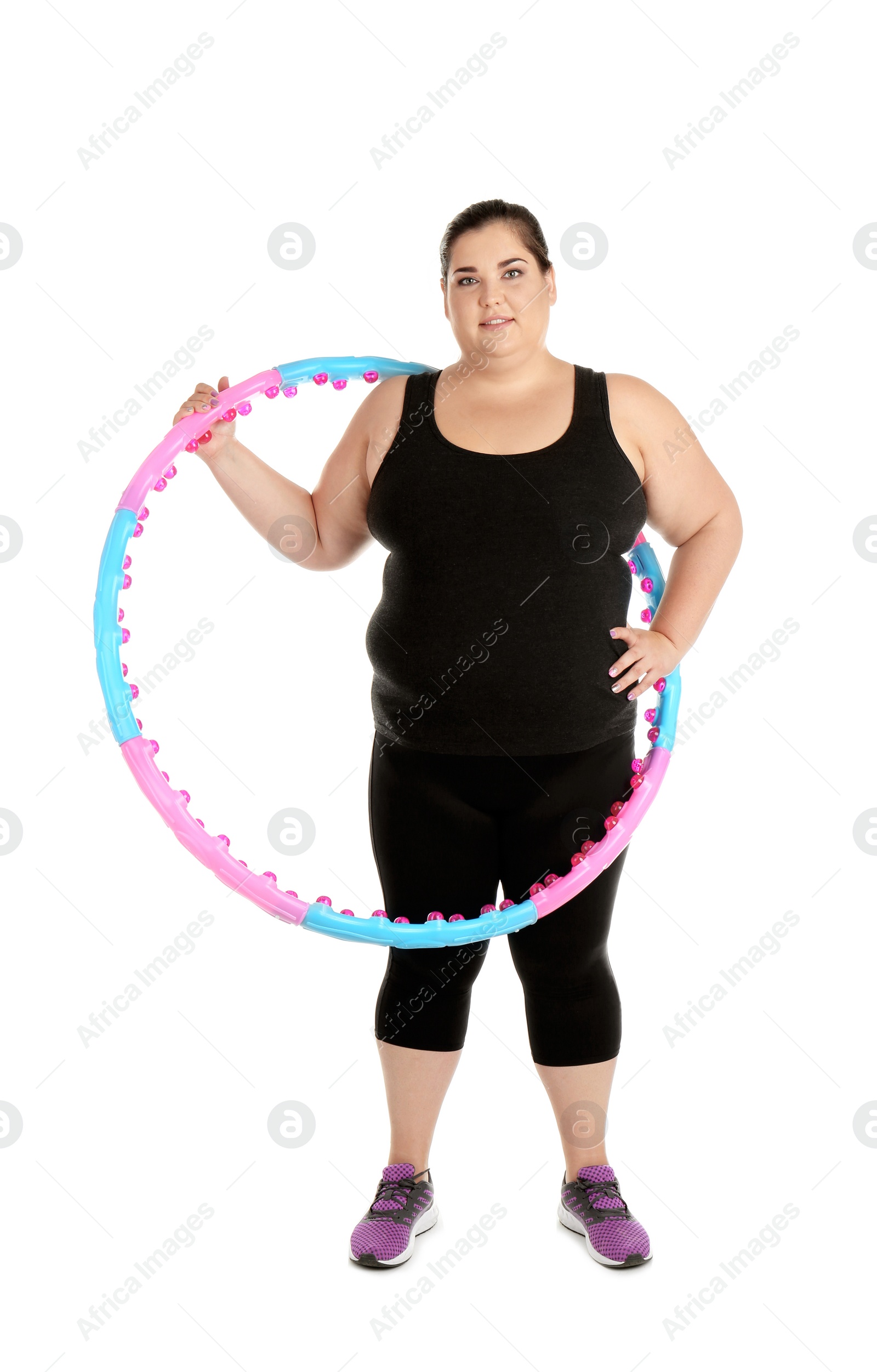 Photo of Overweight woman with hula hoop on white background