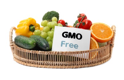 Photo of Tasty fresh GMO free products and paper card on white background