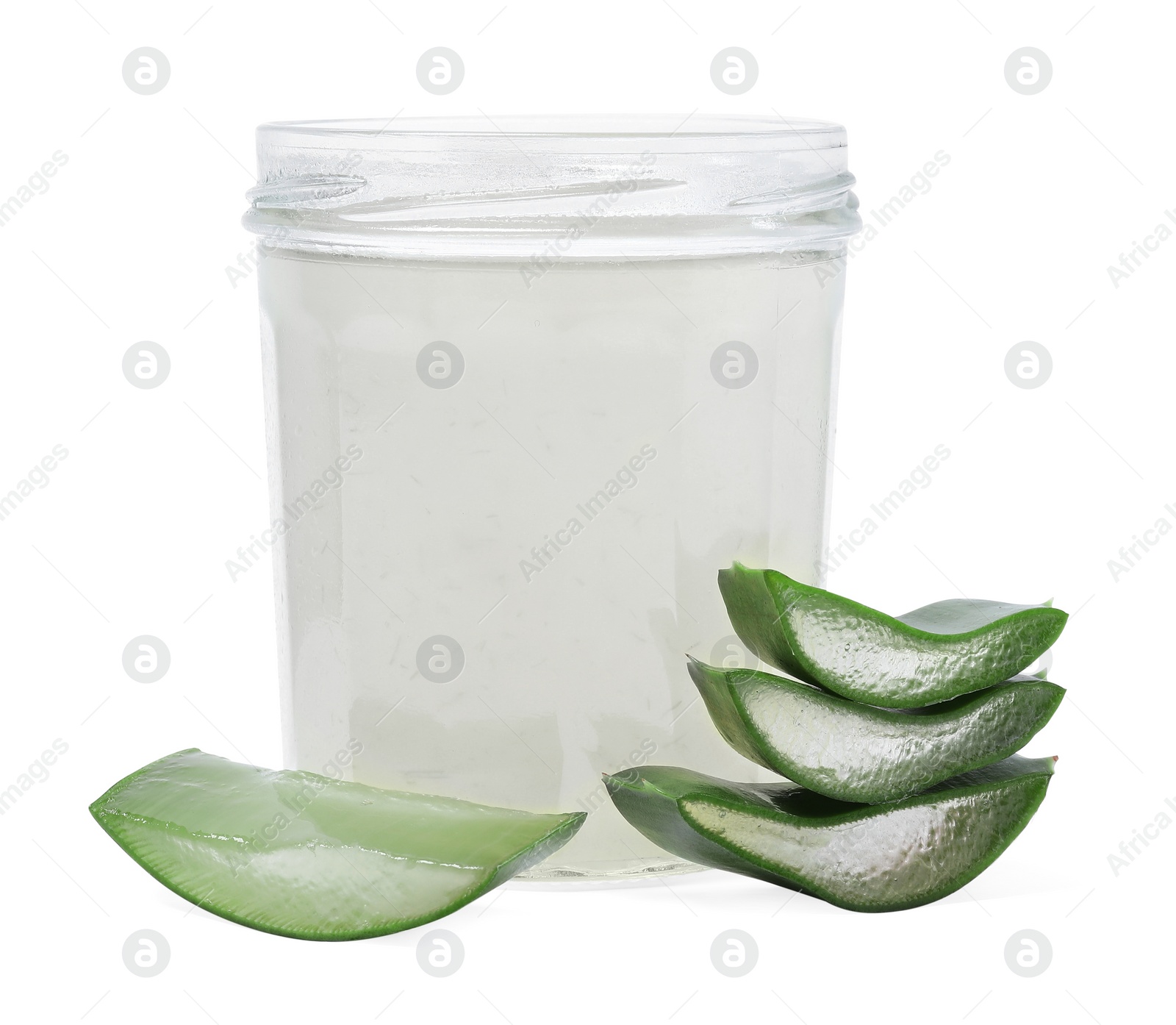 Photo of Fresh aloe juice in jar and cut leaves isolated on white