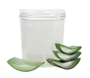 Photo of Fresh aloe juice in jar and cut leaves isolated on white