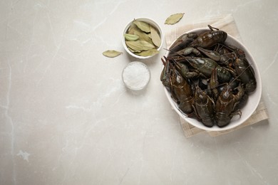 Fresh raw crayfishes with bay leaves and salt on light grey table, flat lay. Space for text