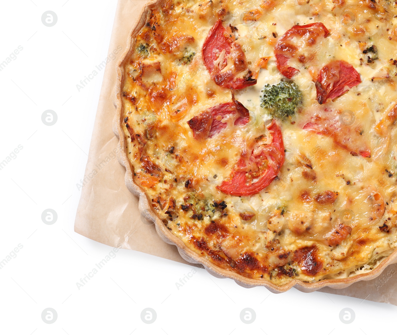 Photo of Tasty quiche with cheese and tomatoes on white background, top view. Space for text