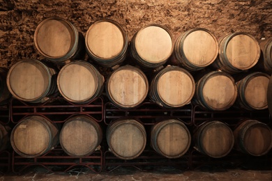 Photo of Wine cellar interior with large wooden barrels