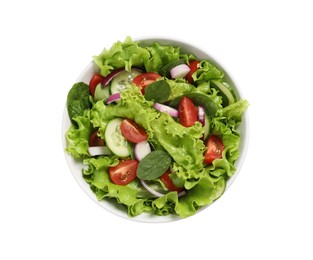 Photo of Delicious salad in bowl isolated on white, top view