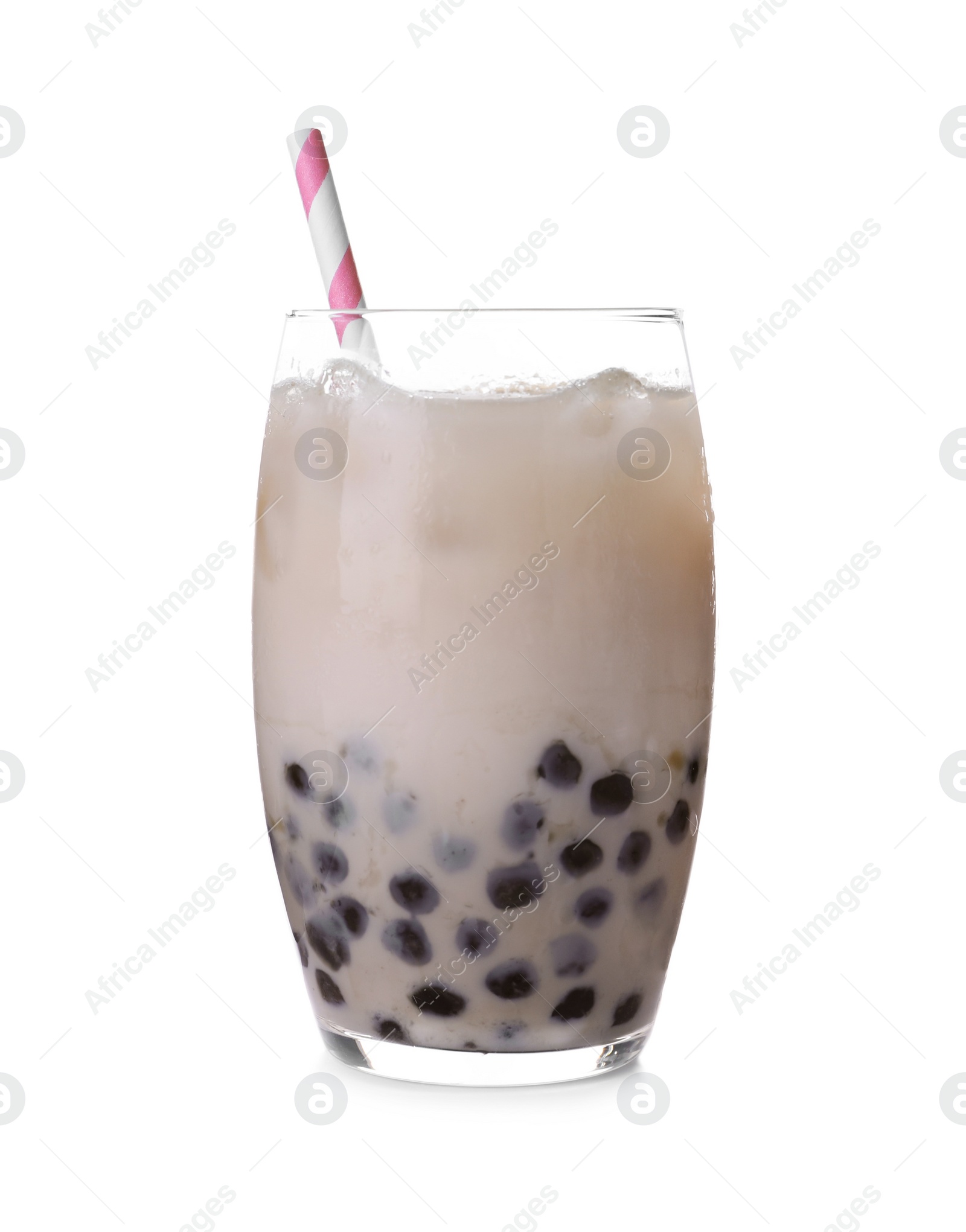 Photo of Bubble milk tea with tapioca balls in glass isolated on white