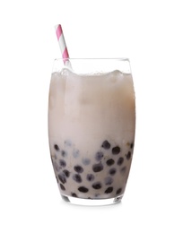 Bubble milk tea with tapioca balls in glass isolated on white