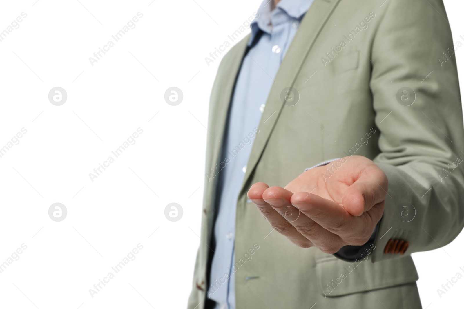 Photo of Businessman holding something on white background, closeup