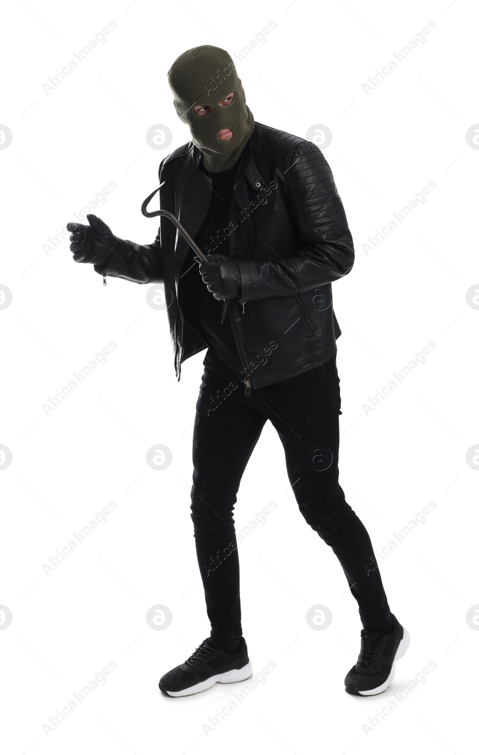 Photo of Man wearing knitted balaclava with crowbar on white background