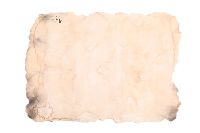 Sheet of old paper isolated on white, top view. Space for text