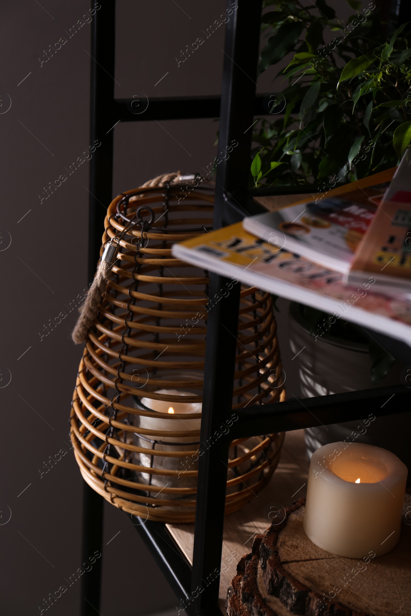 Photo of Stylish holder with burning candle, houseplant and decor on shelving unit near grey wall