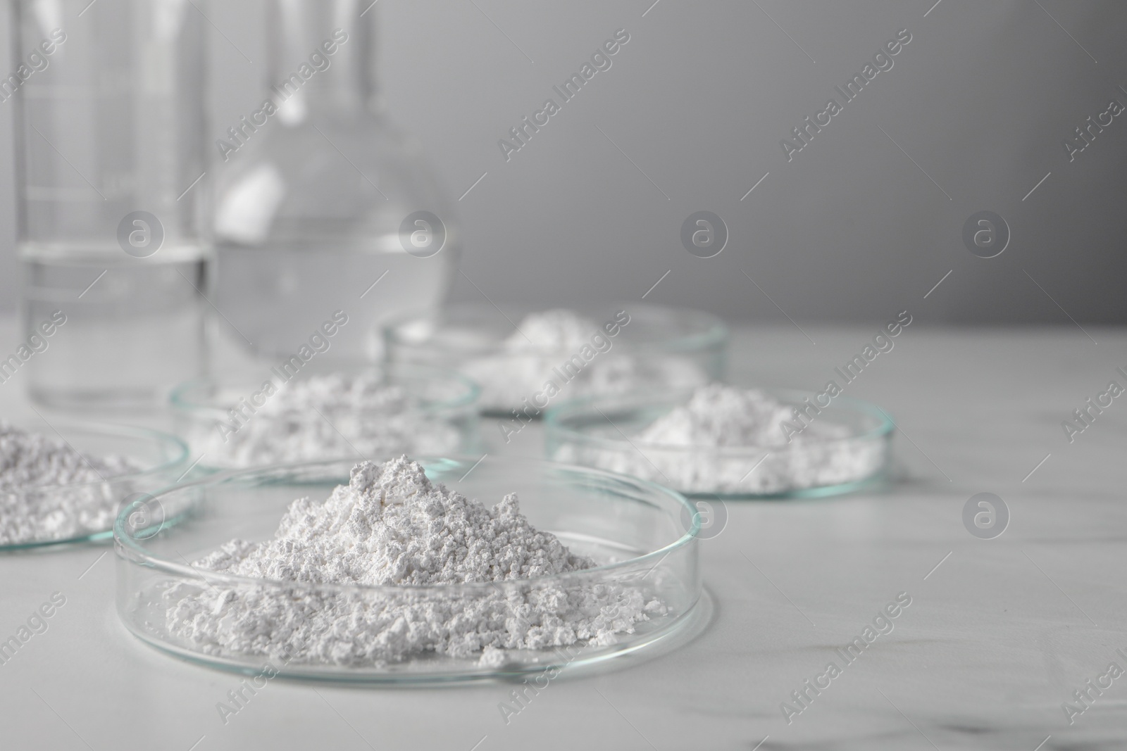 Photo of Many petri dishes with calcium carbonate powder on white background. Space for text