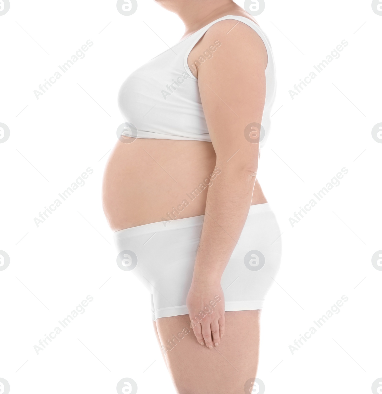 Photo of Overweight woman on white background, closeup. Weight loss