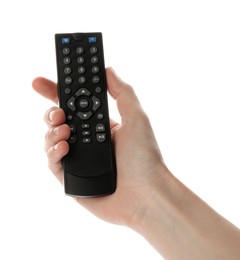 Woman holding remote control on white background, closeup