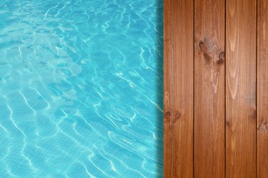 Empty wooden surface near swimming pool with clear water. Space for design