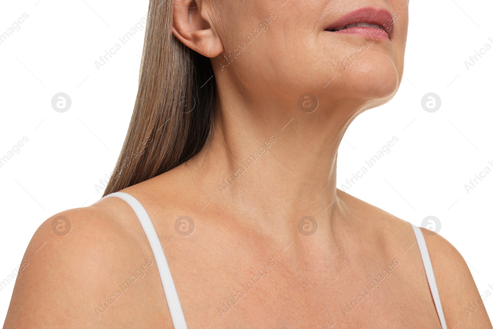 Photo of Mature woman with healthy skin on white background, closeup