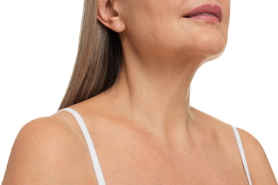 Mature woman with healthy skin on white background, closeup