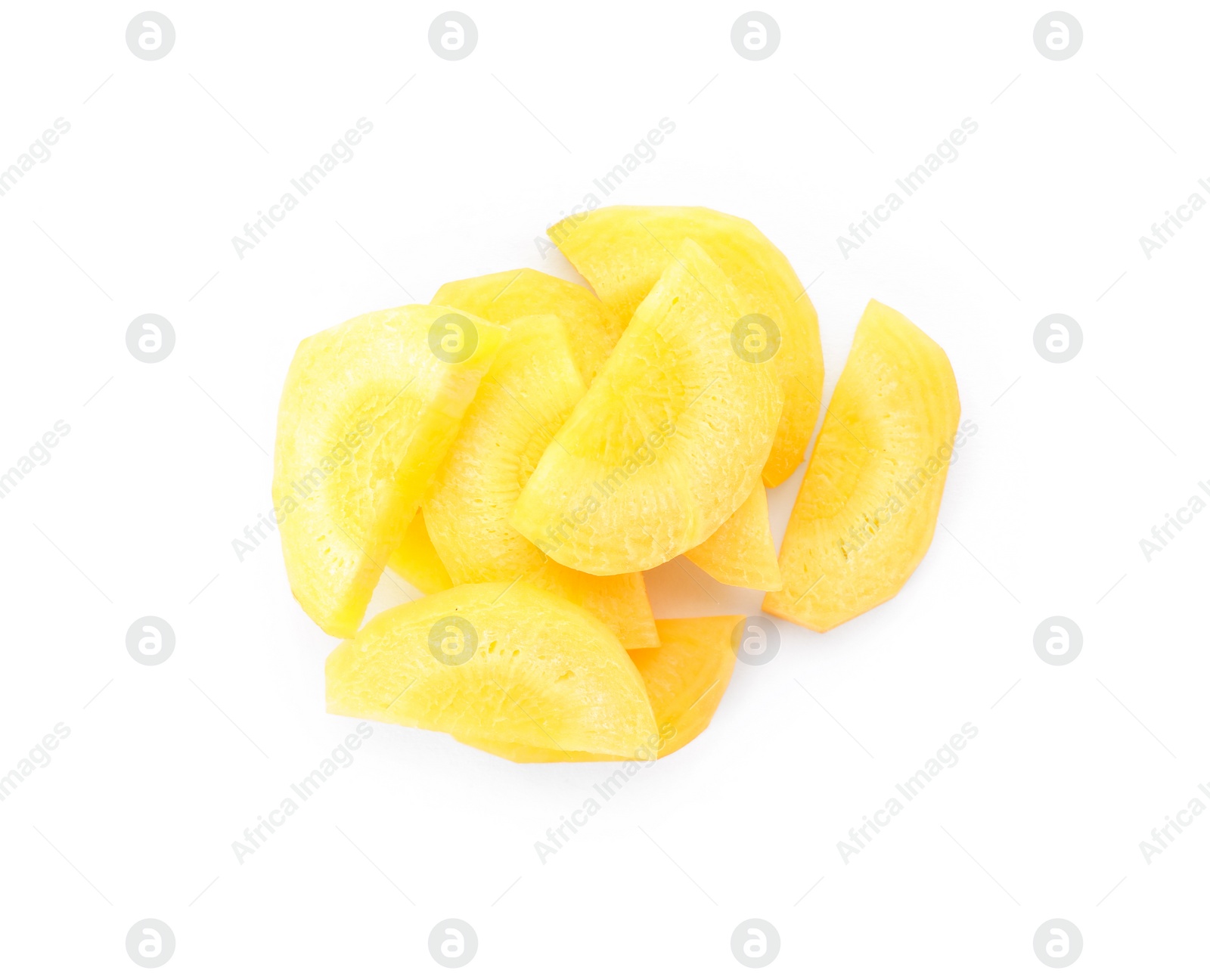 Photo of Slices of raw yellow carrot isolated on white, top view