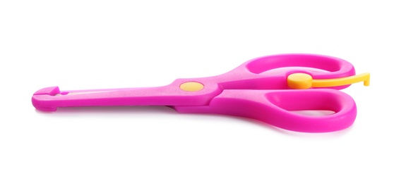 Pair of training scissors on white background