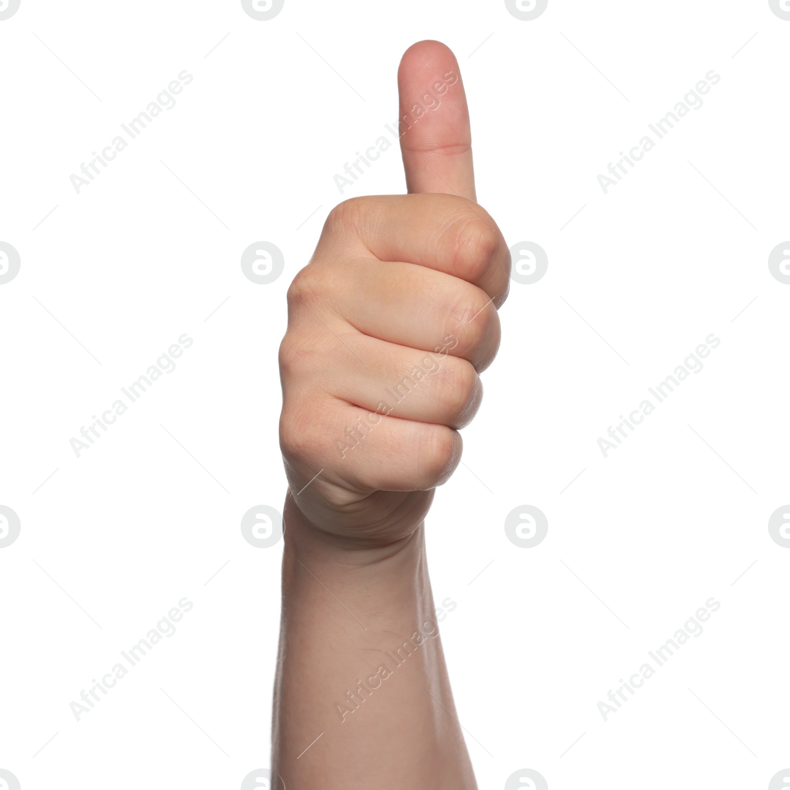 Photo of Woman showing thumb up on white background, closeup