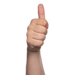 Photo of Woman showing thumb up on white background, closeup