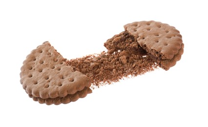 Photo of Broken tasty chocolate sandwich cookie with cream on white background